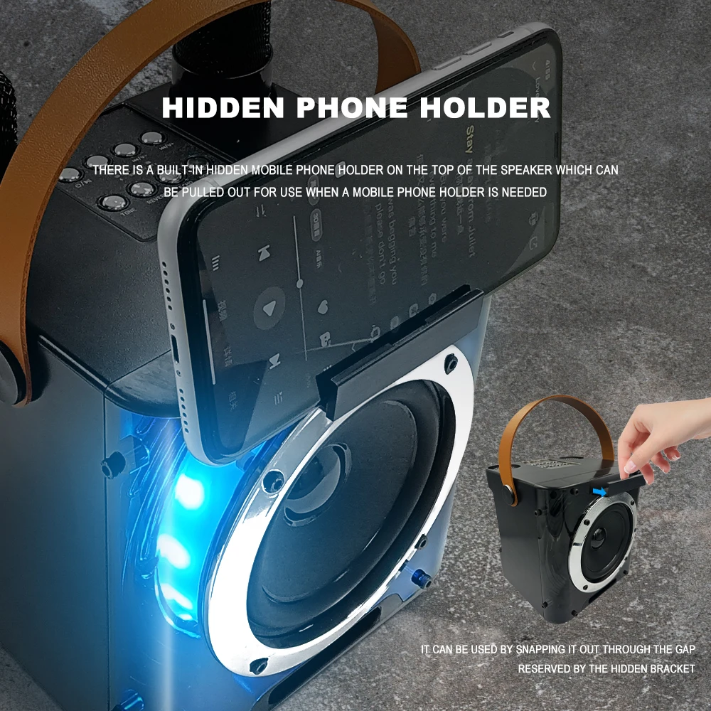 Máquina de Karaoke de Alta Potencia, Mini Altavoz Bluetooth y Juego de Micrófono, Efectos de Iluminación RGB, Subwoofer Estéreo, con Soporte para Teléfono