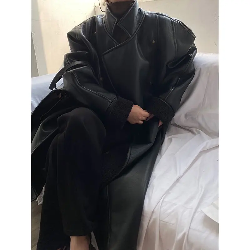 High-end imitation lamb wool splicing clothes women's handsome jacket trench coat long cotton coat women