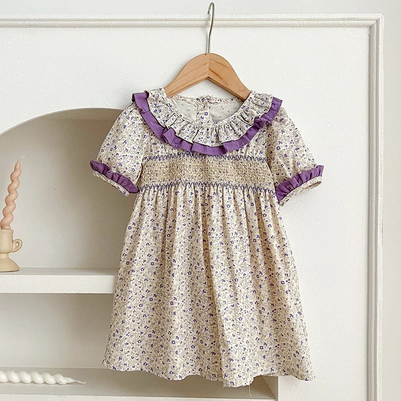 Baby Summer Dress Smocking Hand Embroidery Clothes Toddler Girl Dresses Cotton Kids Girls Puff Sleeve Casual Soft Girl Dress ﻿