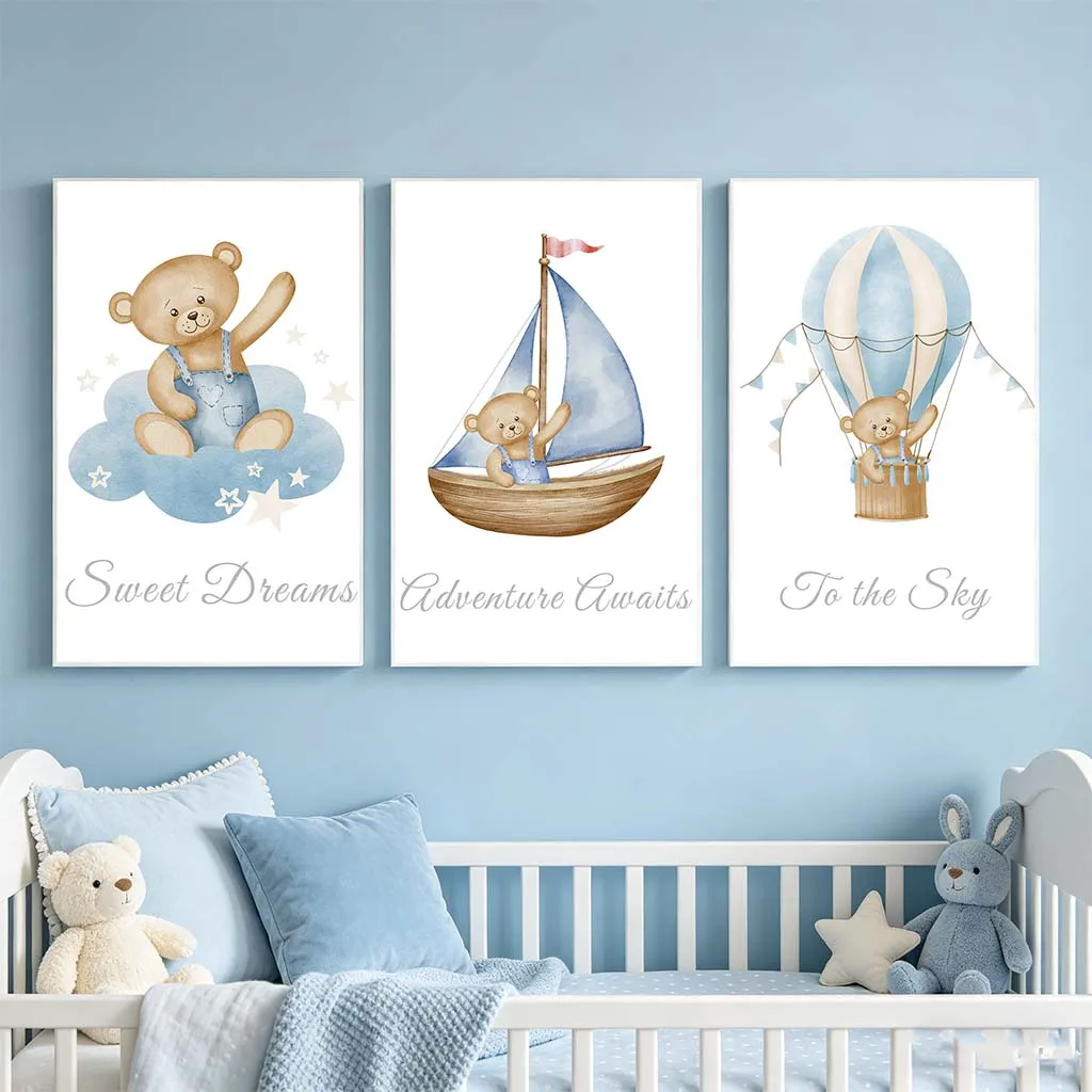 

Inspirational Nursery Wall Art, Cute Teddy Bear Canvas Painting, Nordic Animal Poster Print for Baby, Toddler Kids Room Decor