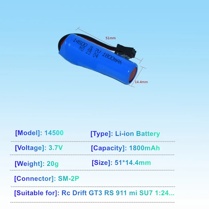 14500 3.7V 1800MAH Li-ion Battery With SM-2P Plug For Rc Drift GT3 RS 911 High Speed Car mi SU7 1:24 Racing Car/RC AA Battery