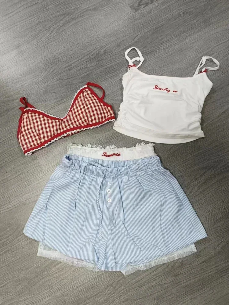 Woman New Korean Fashion Lace 4 Piece Set Spicy Girls Y2k Elastic V Neck Sling Plaid Top + Casual  Bow Short Pants Chic