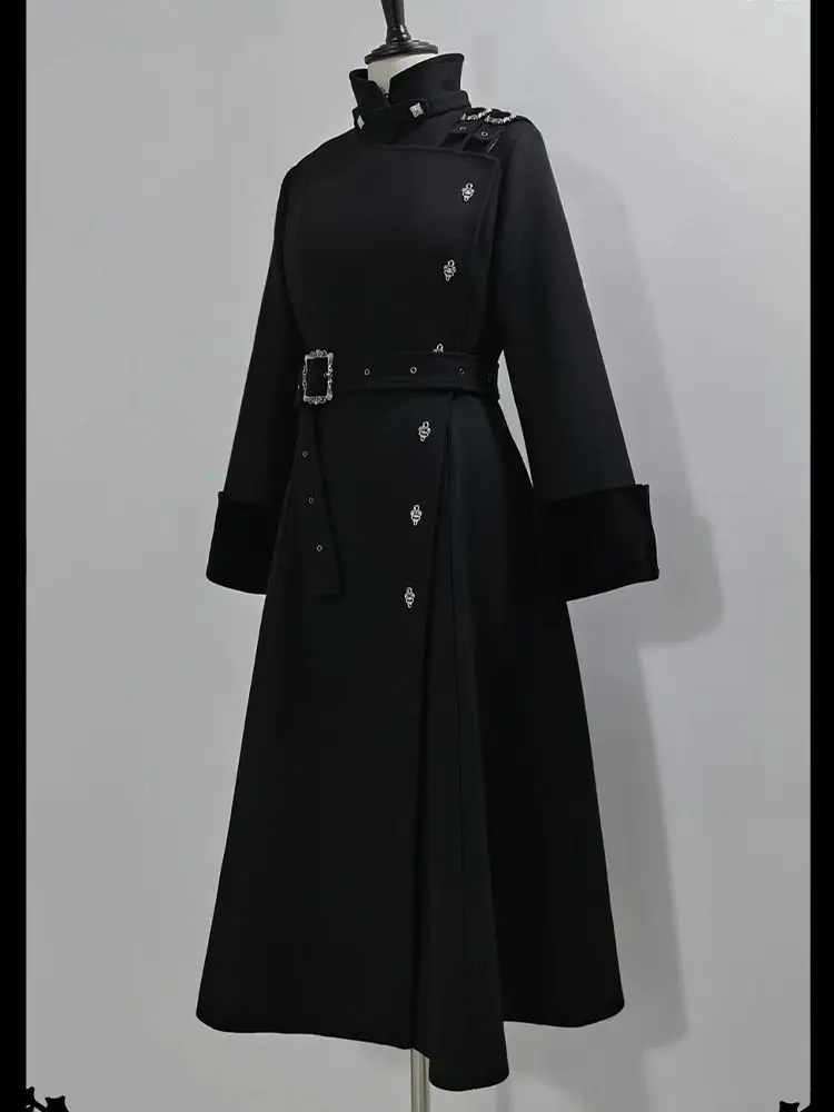2025 الشتاء القوطية مربوط سليم منتصف طول معطف الصوف أسود أنيق المرقعة خندق شارع العليا مكتب سيدة سترات رجالي جديد #4