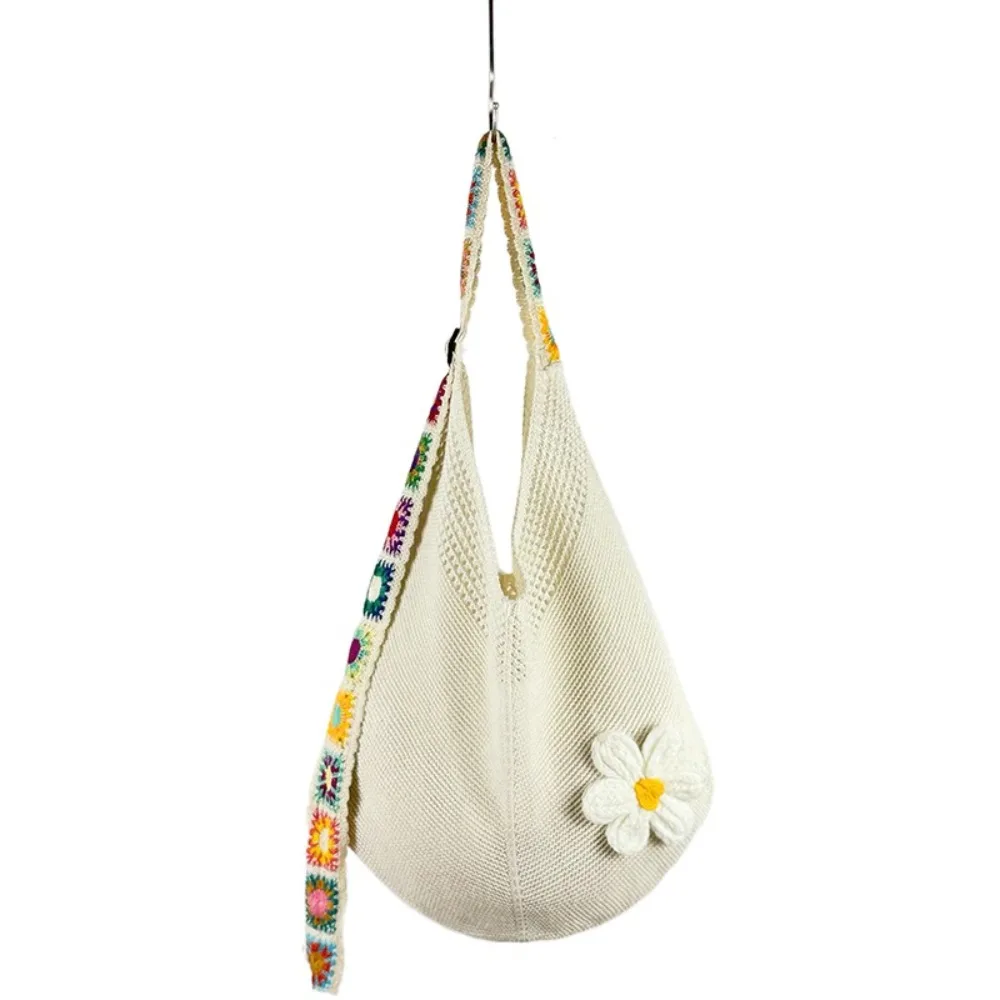 

Cute Crochet Flower Knitting Bag Mesh Weaving Beach Tote Bag Beach Handbag Bohemian Style Hollow Shoulder Bag Streetwear