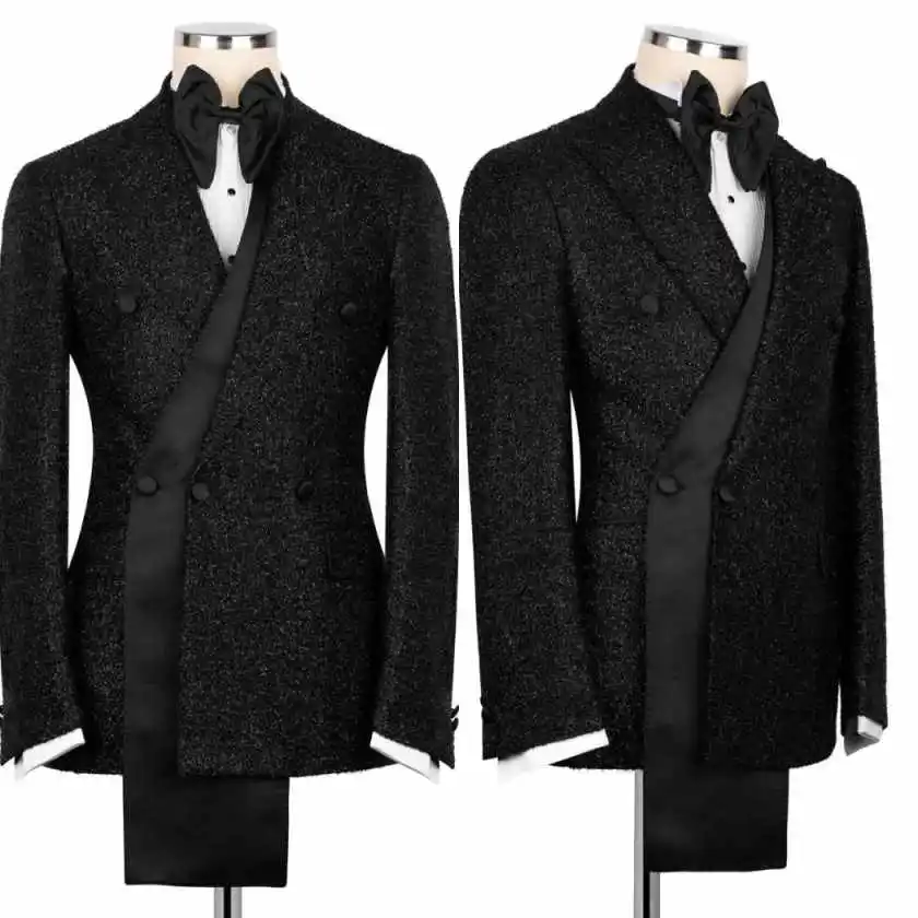 

Handsome Men Suits Shawl Lapel Double Breasted Groom Wedding Tuxedos Loose Fit Prom Blazers 2 Pieces Customized