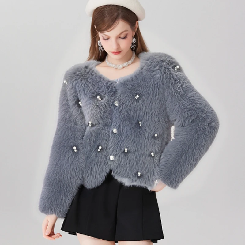

Elegant Korean Fashion Fluffy Sweater Coat Women Autumn Winter Bead Short Cardigan Coats New O Neck Sweet Loose Button Jacket