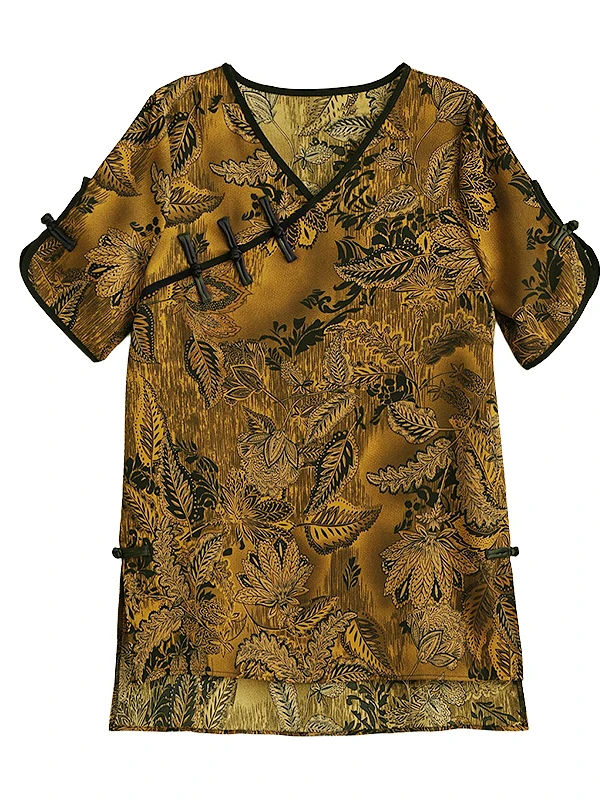 Cseta Fena de Manga Curta com Decote em V e Design de Botão, Csa Casual com Botões Assimétricos, Ajuste Solto, C...