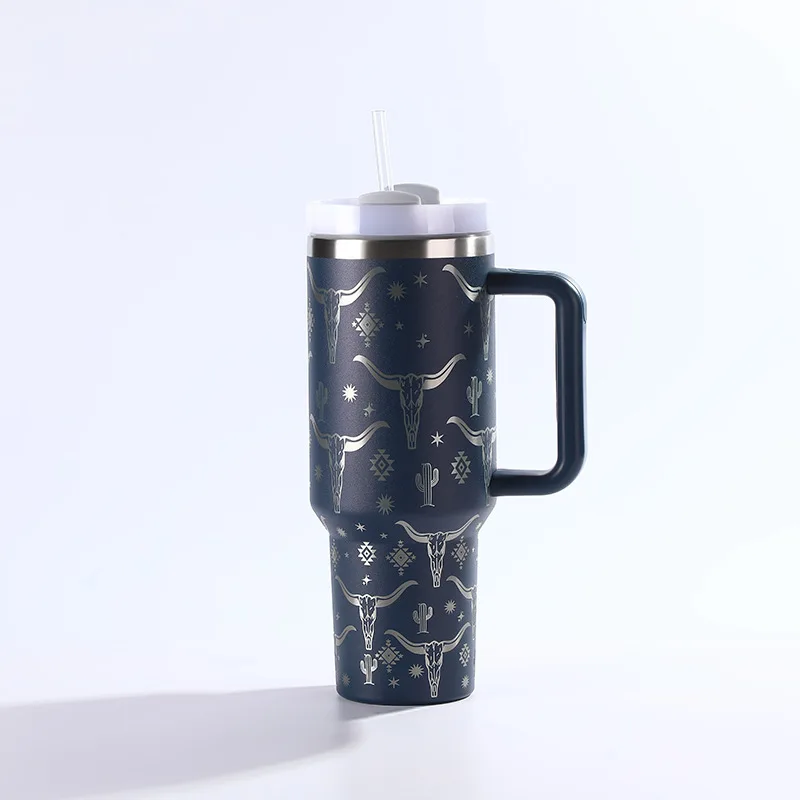 40oz laser bull head car cup, laser lettering water cup, stainless steel thermos cup 40 straw car