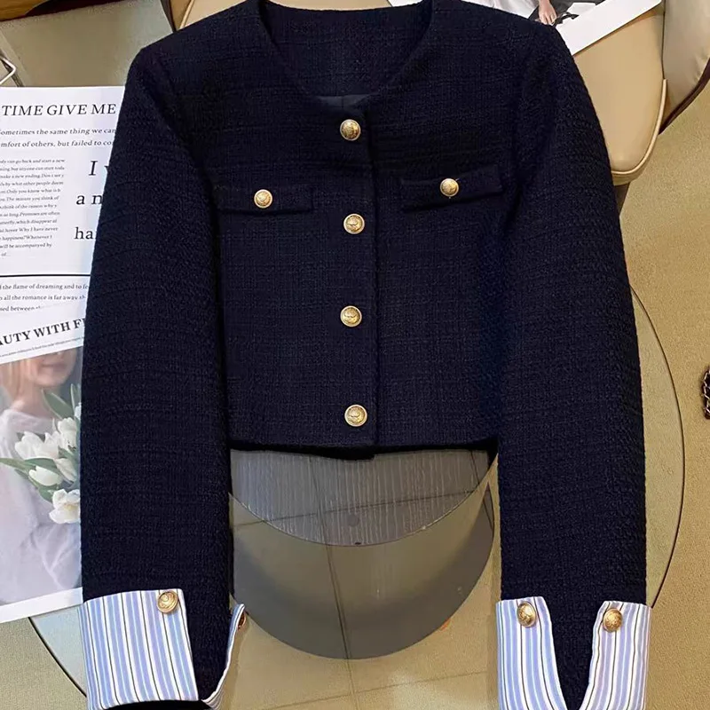 Korean Navy Blue Elegant Jacket Women Tweed Long Sleeve Chic Outwear Fashion Patchwork Spring O Neck Commuter Office Lady Tops