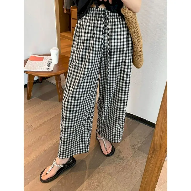 

Женские брюки в клетку, универсальные широкие брюки, лето-осень, высокое качество, свободные прямые брюки в корейском стиле с эластичной резинкой на талии
