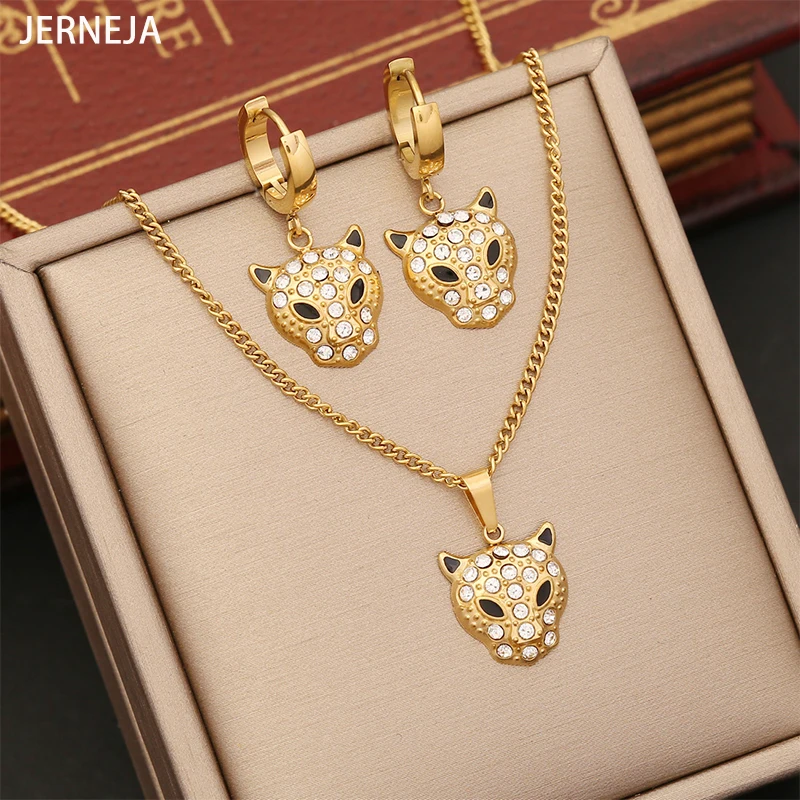 316LStainless Steel Chain Micro Inlaid WithZircon Flower Leopard Head Pendant ChainElegant Necklace Earring Jewelry Set