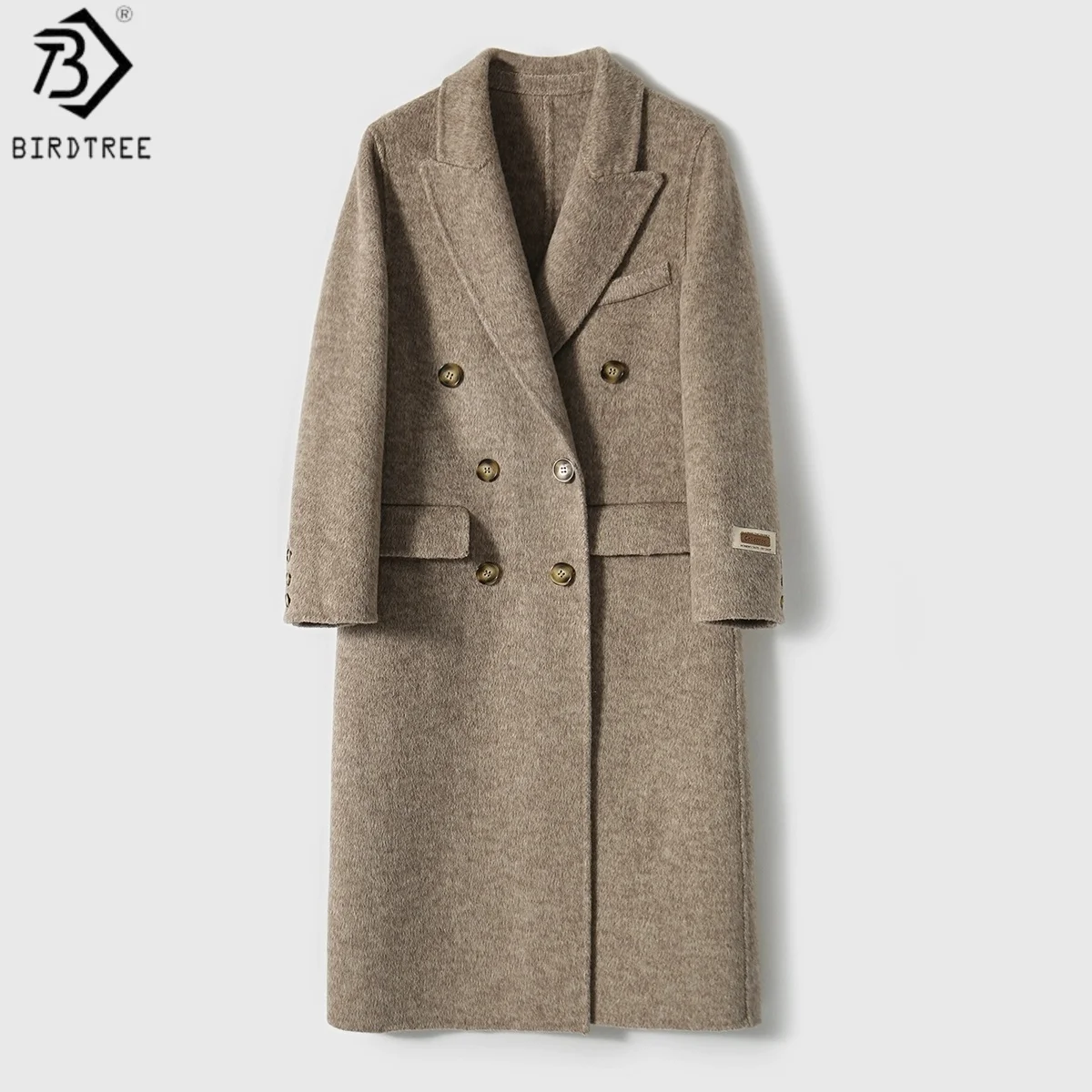 

Birdtree Wool Silk Blend Double Faced Wool Overcoat,Woman Lapel Double-breasted Long Coat,2025 Autumn Winter Tops T59839JF