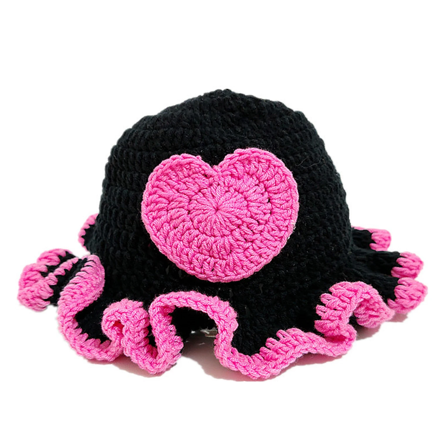 Women Y2k Sweet Heart Crochet Bucket Hat Ruffled Edge Knit Fisherman Hat Contrast Color Handmade Goth Winter Party Cos Cap