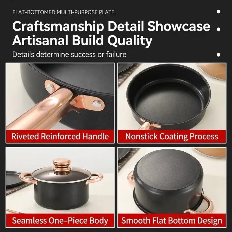 Custom household kitchen utensils stainless steel 8-piece set, black clad pot set with glass lid, non-stick pot set