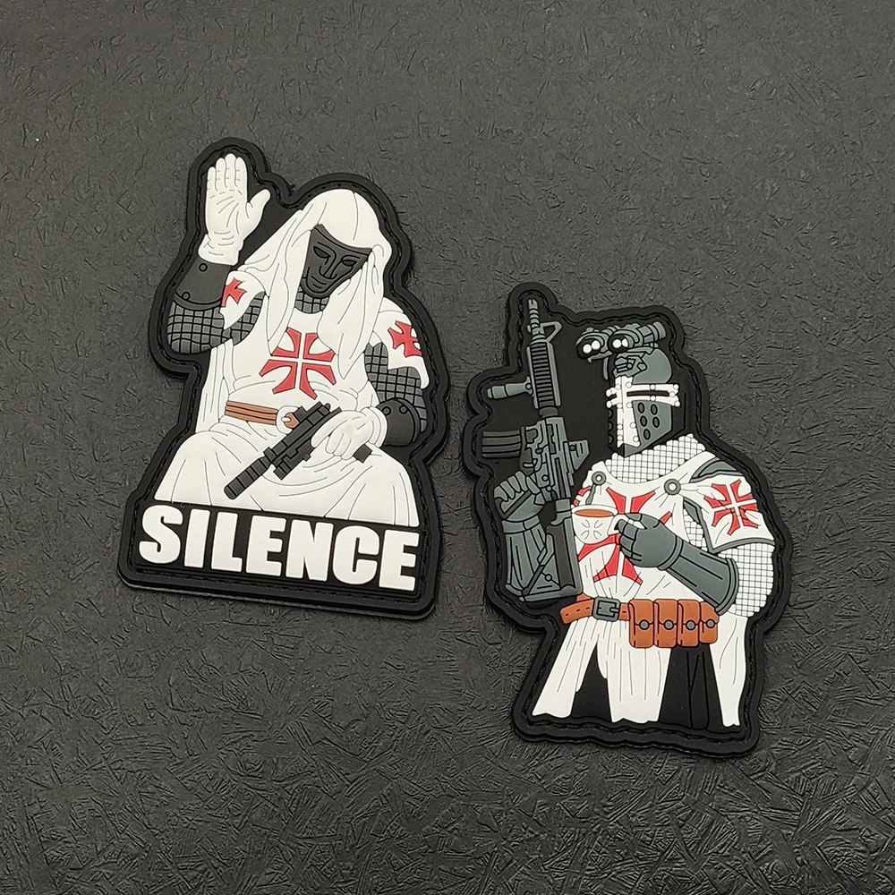 Templar Knight PVC Patch Hook Backing 3D Rubber Badge SILENCE Medieval Crusader Patch for Backpack Vest Hat Clothing Decoration view 5
