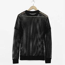 Mens Fashion T-Shirt Hollow Long Sleeve Fishnet Mesh Gothic Punk Rocker Stretchy Top Personalized Tee Shirt