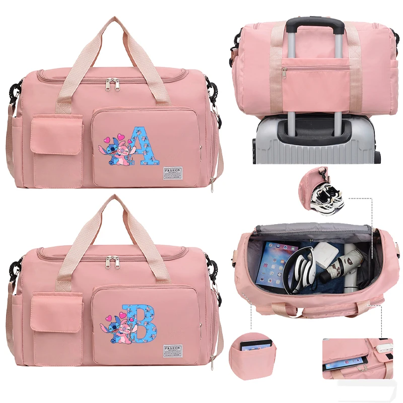 Stitch Disney Women Carry on Travel Bag Letter ABC Large Capacity Gym Duffle Bags Shoe Compartment Sport Fitness HandBag Gifts