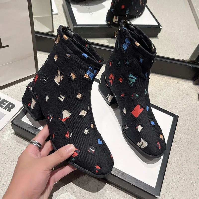 Women Ankle Boots Denim Blue High Heels Shoes Autumn 2025 Trend Designer Chelsea Boots Chunky Pumps Walking Dress Zapatos Mujer