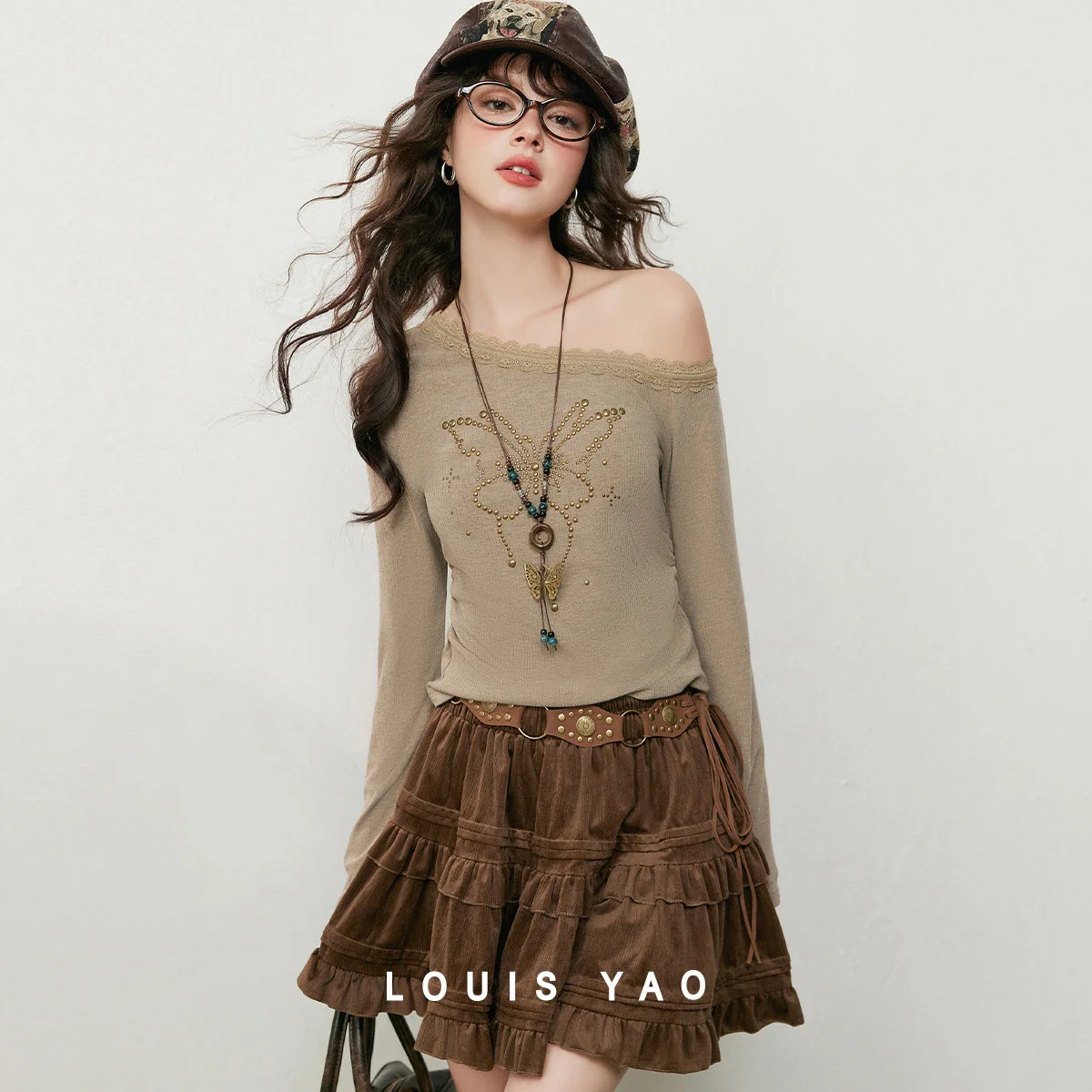 

Off-shoulder Collar Patchwork Lace Trim Women's Long-sleeve T-shirt Patterned Women's Tops Tees Women's Clothing Autumn 2025