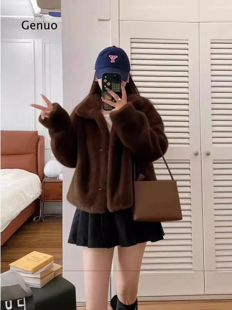 Faux Mink Fur Coat Stand Collar Short Winter Warm Outerwear Eco Friendly Jacket for Ladies Daily Casual Streetwear