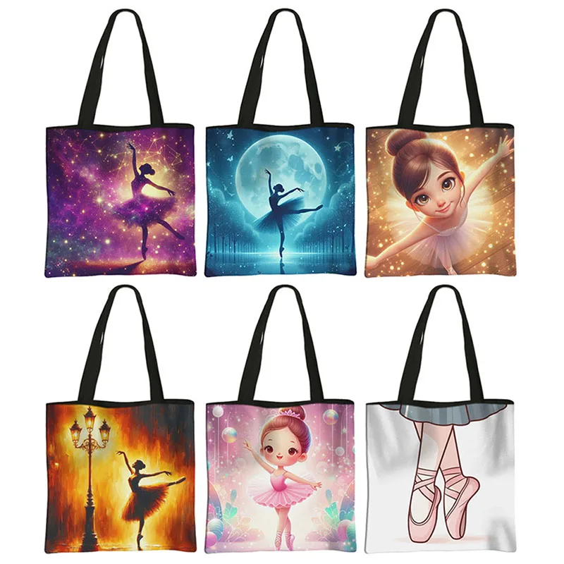 Cute Ballet Dancing Girls Tote Bags, Ballet Dancer Mulheres Bolsa, Bolsa de Ombro, Reutilizáveis Shopper Bags, Saco De Armazenamento Portátil, Presente