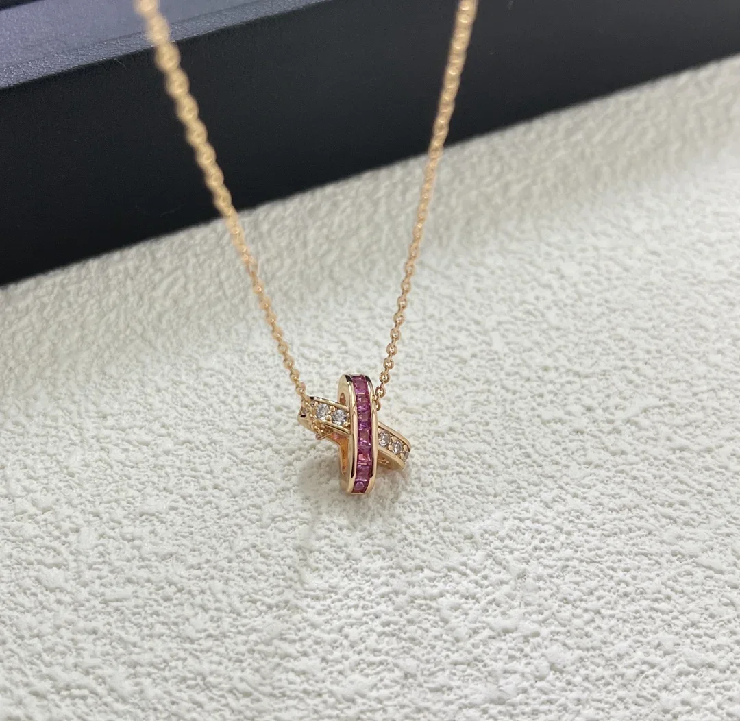 

2025 New 925 Pure Silver White Diamond Interwoven Pink Diamond Cross Necklace Fashion High Luxury Versatile Women's Style