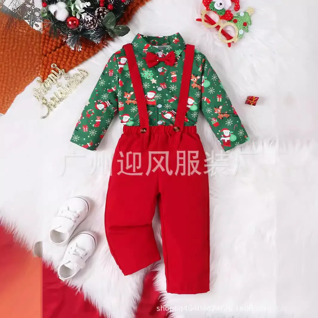 Trajes de Año Nuevo para niño, camisas de Navidad con corbata verde y monos rojos, pantalones, conjuntos de Navidad para niño, disfraz de Año Nuevo para niños 2026
