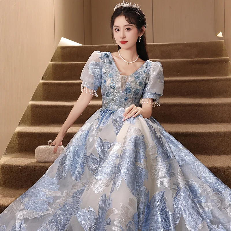 

French Style Blue Evening Dresses Women Tassels V-Neck Sequin Printing Princess Prom Gown Exquisite Elegant Quinceanera Dress