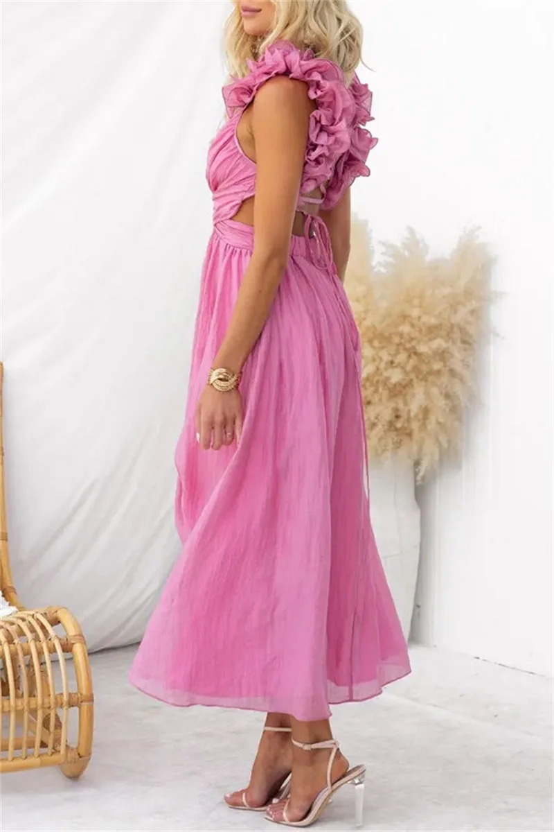 Summer Solid Color Strap Backless Homecoming Dress Sexy Pleated Hollow Out Party Gown French Style Cross Holiday Fairy Skirt
