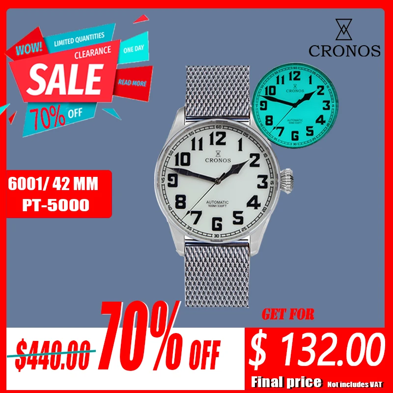 

Cronos Pilot Flieger Mechanical Watch For Men Stainless Steel Blue Light Luminous Sapphire Crystal Skeleton Back Leather Strap