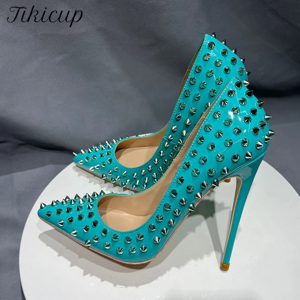 

Tikicup Glossy Mint Green Women Pointy Toe High Heel Shoes with Silver Spikes Sexy Ladies Rivets Stiletto Pumps Size 33 43 44 45