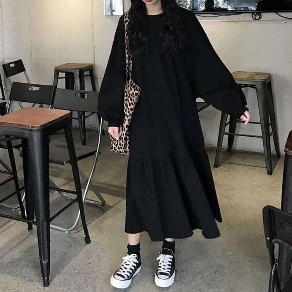 Plus Size 5XL 150KG Autumn Long Dress Black Long Sleeve O Collar Loose Waist Female Oversized Long Sleeve Party Evening Dress