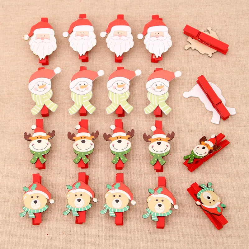 Christmas Wooden Clips Santa Snowman Reindeer Wood Clothespins Card Paper Photo Clip Christmas New Year Party Supplies Noel 2024