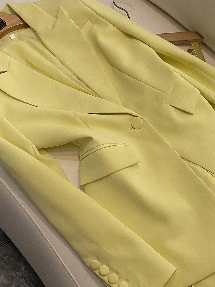 Nuovo design Lady Office Basic Solid Suit Single Button Slim aderente Blazer pantaloni larghi svasati donna 2 pezzi giallo