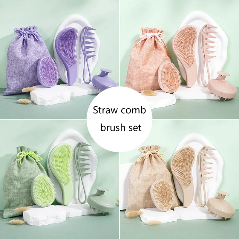 Wheat Straw Four-piece Set Egg Comb Home Massage Comb Straight Hair Curly Hair Shampoo Brush Set Styling Comb