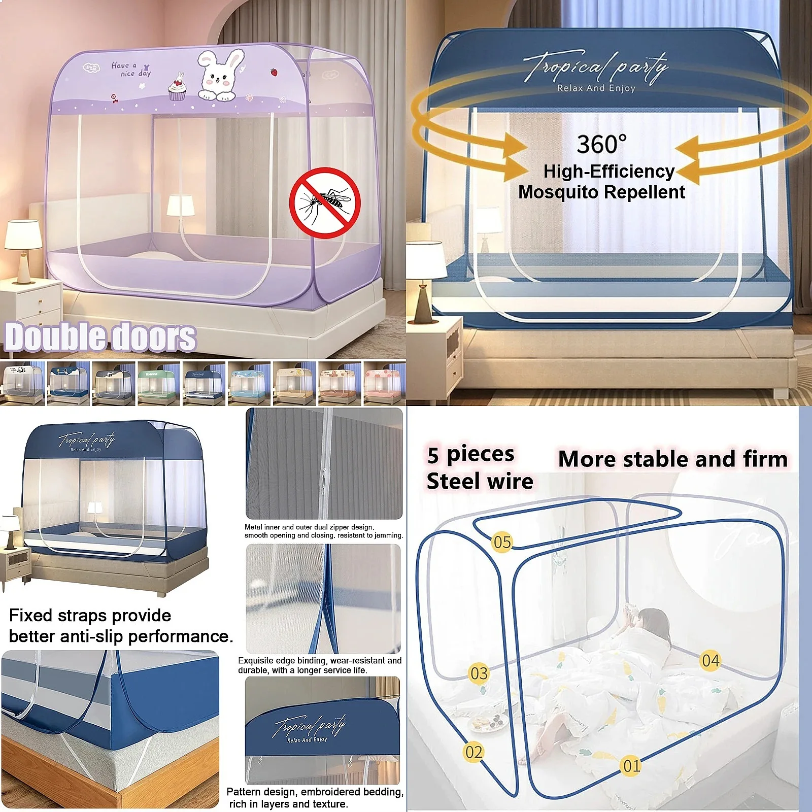 Portable Pop Up Mosquito Net Tent with Dual Zipper Door Cartoon Printed Anti Mosquito Net for Home Bedroom Hotel Outdoor Use