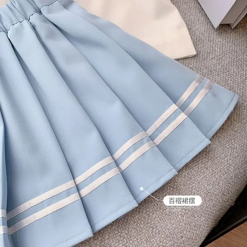 Süße blau rosa kurzärmelige JK Student Uniform Mädchen Kleidung 2024 Sommer Kawaii Shirt Faltenrock 2 Stück 4 bis 15 Jahre alt