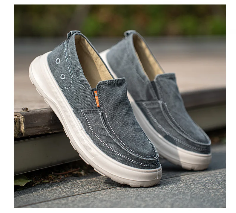 Herren-Slipper aus Canvas, lässige Schuhe, weiches Denim-Obermaterial, atmungsaktives Baumwollfutter, rutschfeste, dicke Sohle, bequeme Loafer zum Gehen. – Detail 9