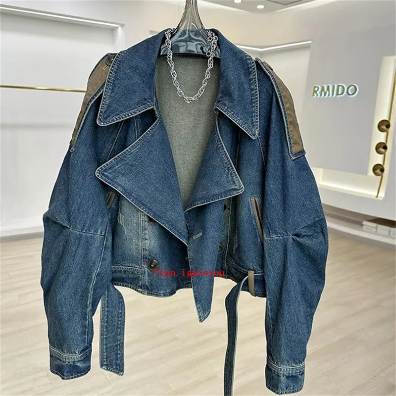 Spring Autumn Vintage Short Denim Jacket Women 2024 New Patchwork Leather PU Jeans Coat Fashion Loose Outwear Streetwear B286