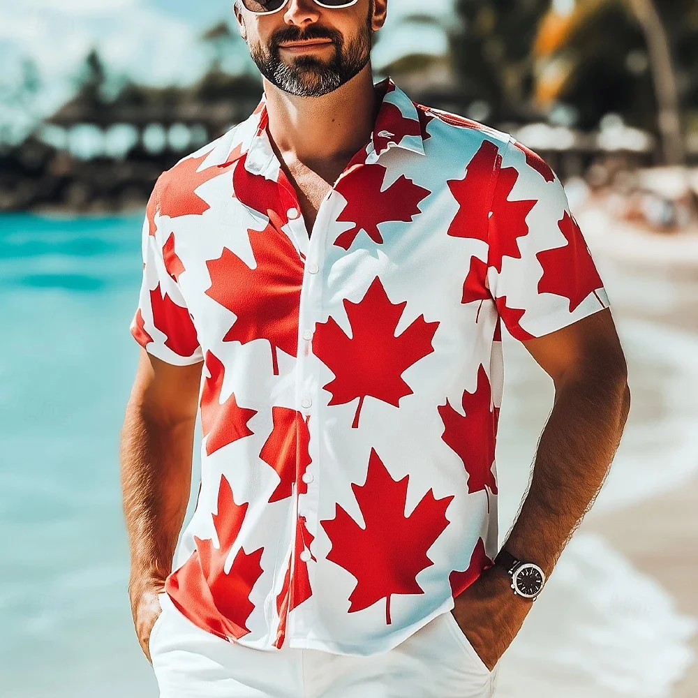 

Men's New 2025 12 Color Maple Leaf Printed Short Sleeve Casual Shirt Outdoor Comfortable plus Size Lapel Men's Clothing