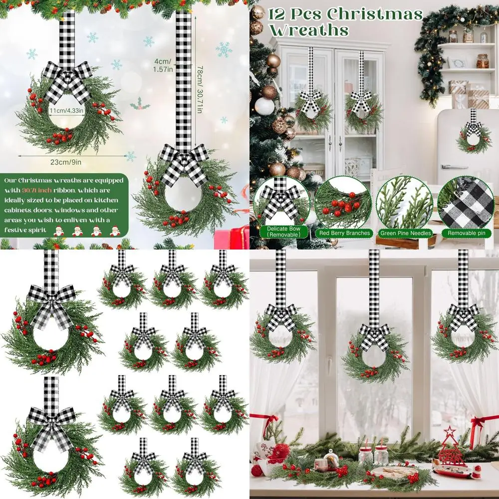 

Artificial Greenery Christmas Wreaths, 12 Pack, Small Kitchen Cabinet Wreaths, Plaid Bow, Mini Hanging, for Front Door, Porch, W