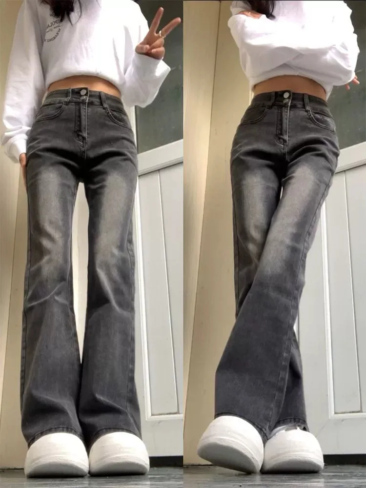 High Waist Slimming Faded Grey Micro Flared Jeans Women's Elastic Stretchy Floor Length Pants Spring Cotton Denim Trousers