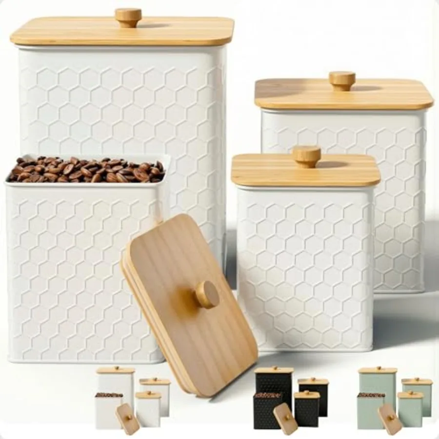 

Kitchen Canisters for Countertop Set of 4 - Textured Iron Kitchen Canisters with Airtight Lids - Flour Sugar Canister Set - Flo