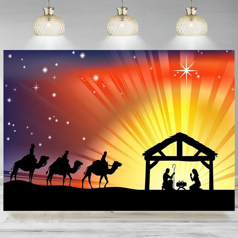 

Fabric Nativity Backdrop Christmas Night Stars Holy Family and Three Kings Birth of Jesus Manger Scene Background Backdrop Chr