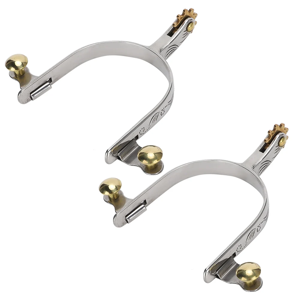 2Pcs Horse Spurs Stainless Steel Lightweight West Cowboy Style Horse Spurs with Brass Rowel Belt Button for Horse Training