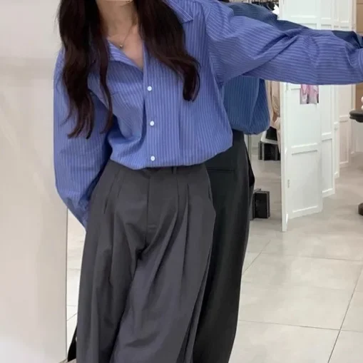 

Новая весенняя коллекция 2025: Свободная женская рубашка с длинным рукавом в полоску, французский стиль, цвет синий.