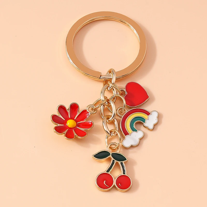 Pretty Enamel Cherry Keychain Flower Key Rings Pendants for Key Holder Women Girls Handbag Decor Handmade Jewelry Gifts