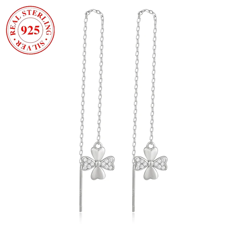 925 sterling silver with diamonds four leaves petals ladies ear wire long earrings hypoallergenic fashion ladies holiday gift