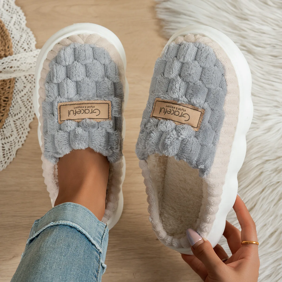 Men's  Cotton Slippers Indoor Autumn & Winter Anti Slip Checkered Simple Home Plush Slippers, Plus Size Women's Plush Fur Shoes