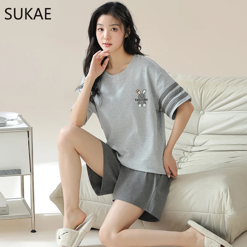 SUKAE Summer Women Shorts Cotton Nightwear Short Sleeves Pullover Leisure Lady Sleepwear Casual Pijamas Set Chic Woman Pajamas